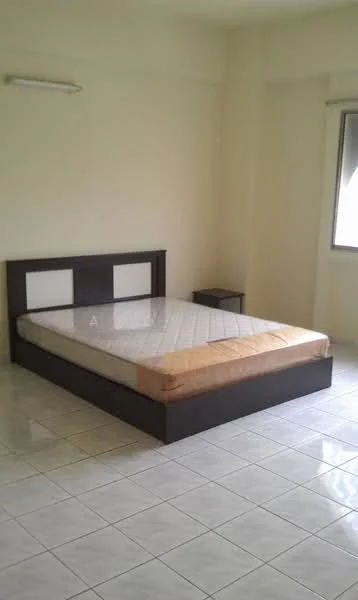 Bedroom features: queen-size bed frame, mattress, nightstand, white painted walls, tile flooring, window with curtain, ceiling light fixture, neutral color scheme.
