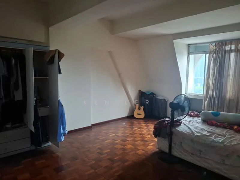 Bedroom features: parquet wood flooring, white painted walls, slanted ceiling, floor-to-ceiling window, sheer curtains, single bed with bedding, guitar, standing fan, built-in wardrobe with sliding doors, decorative pillow.