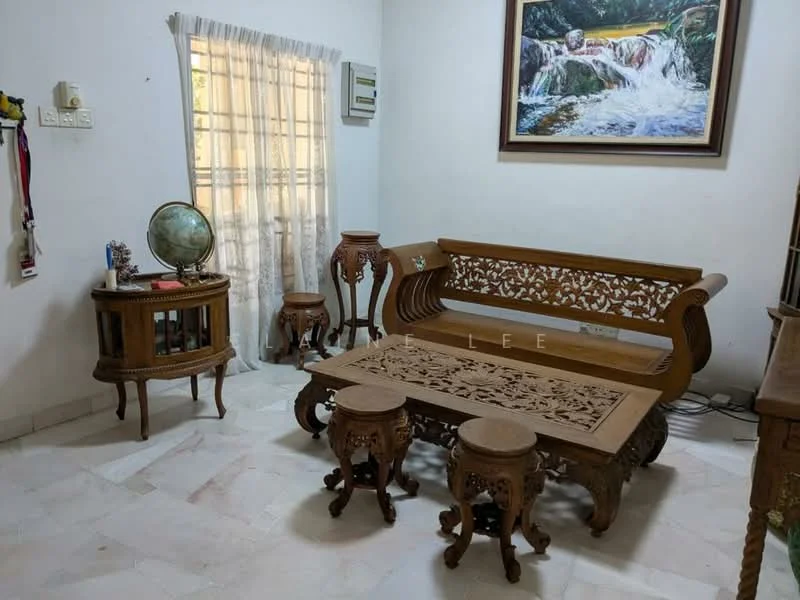 Living features: wooden carved sofa, wooden coffee table with intricate design, two wooden stools, decorative globe, framed artwork on wall, curtains on window, wall-mounted air conditioning unit, marble flooring; style: traditional.