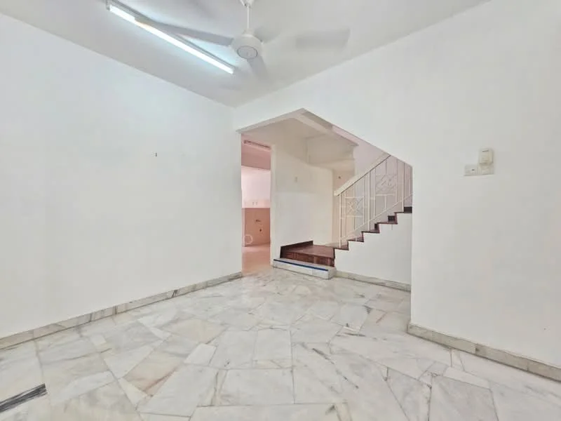 Room features: marble flooring, white painted walls, ceiling fan, staircase, recessed lighting, open layout, natural light from windows, no visible furniture; style: minimalist.