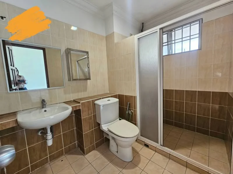Bathroom features: single-sink vanity with mirror, toilet, walk-in shower with glass enclosure, tile cladding on walls, ceramic tile flooring, chrome basin mixer, framed mirror, shower head, built-in shelving, window for natural light; style: modern.