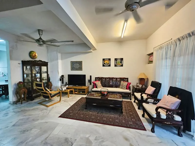 Living features: marble flooring, white painted walls, ceiling fan, 5-blade ceiling fan, sofa set with cushions, wooden coffee table, decorative area rug, TV console, wall-mounted TV, framed artwork, glass display cabinet, wooden armchairs, table lamp, sheer curtains; style: traditional.