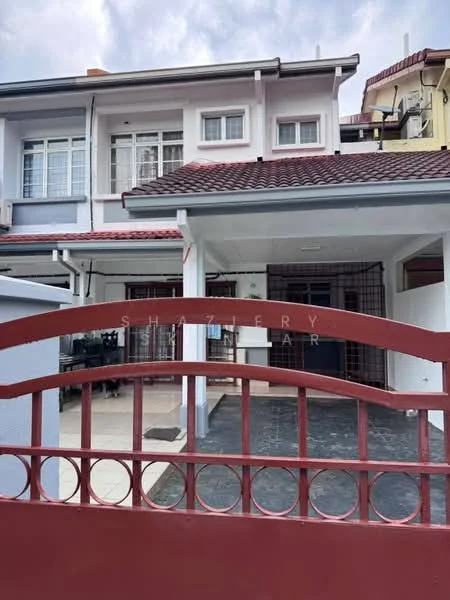 Exterior type: linked terrace house; features: two-storey structure, red painted gate, grey tiled roof, white painted facade, front porch area, manicured lawn, paved walkway, window grilles, balcony on upper floor, outdoor lighting fixtures; style: modern.