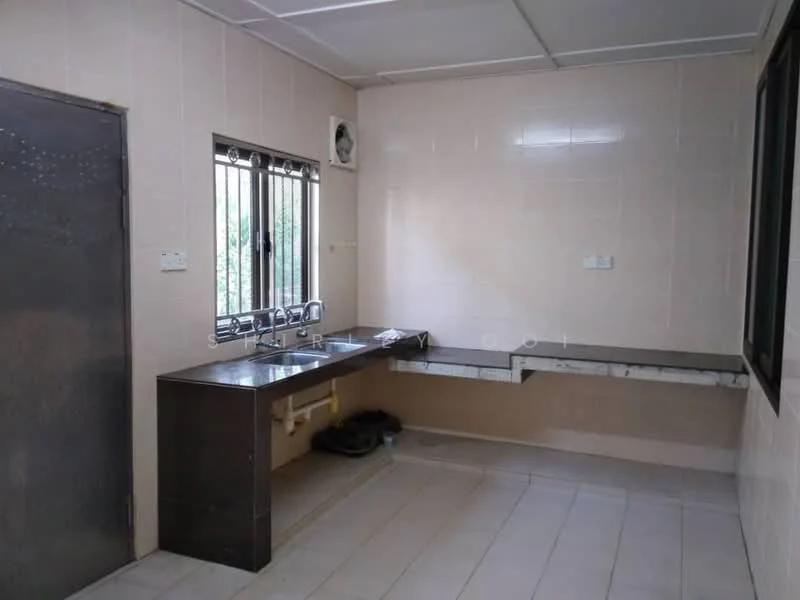 Kitchen features: single-bowl stainless-steel sink, chrome pull-down faucet, granite countertop, wall-mounted cabinets, tile backsplash, ceramic tile flooring, window with security bars, exhaust fan, built-in countertop with storage underneath.