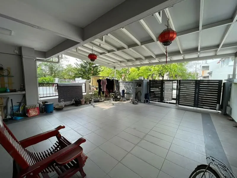 Exterior features: covered patio, grey tiled flooring, wooden bench, laundry area with clothes hanging, fenced area, outdoor greenery, decorative lanterns, open space; style: modern.