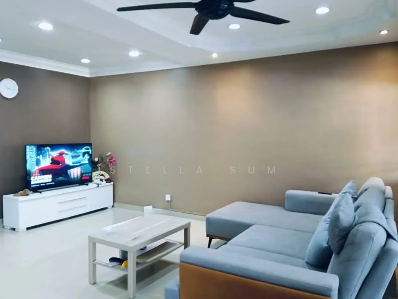 Living features: grey L-shape sectional sofa, white TV console, wall-mounted TV, coffee table, cream tiled flooring, brown painted walls, ceiling fan, recessed downlights, decorative wall clock; style: modern.