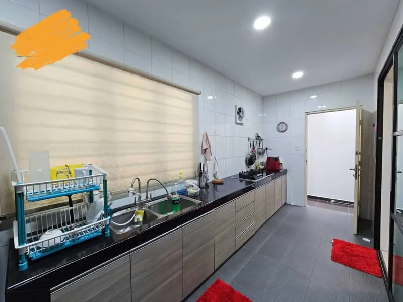 Kitchen features: black granite countertop, wood cabinetry with light finish, single-bowl stainless-steel sink, chrome pull-down faucet, built-in oven, stainless-steel range hood, dish rack, kitchen utensils, tile backsplash, grey ceramic tile flooring, recessed LED downlights, window with sheer blinds; style: modern.