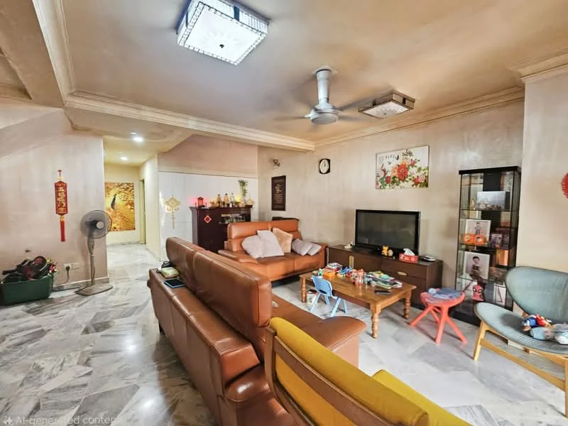 Living features: brown leather sofa, yellow accent chair, wood coffee table, TV console, wall-mounted TV, marble flooring, recessed ceiling lights, 5-blade ceiling fan, decorative wall art, wall clock, open shelving unit, decorative plants, Chinese decorations; style: contemporary.