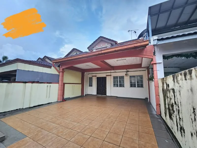 Exterior type: semi-detached house; features: tiled flooring in driveway, covered car porch, orange accent wall, white painted facade, gabled roof, front door with decorative grille, side fencing, outdoor lighting, manicured garden area, paved walkway; style: modern.