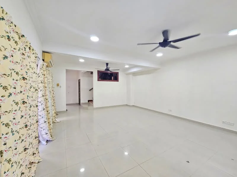 Living features: white painted walls, glossy ceramic tile flooring, 2 ceiling fans, recessed downlights, large windows with sheer curtains, open layout, neutral color scheme, no visible furniture; style: modern.