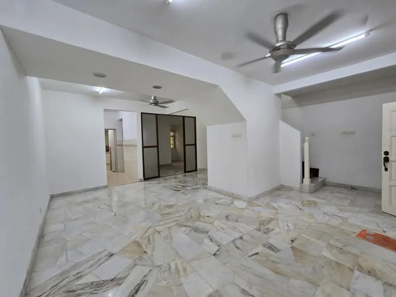 Living features: marble flooring, white painted walls, 5-blade ceiling fan, recessed downlights, staircase, open layout, large windows, neutral decor; style: modern. Room features: white painted walls, marble flooring, 5-blade ceiling fan.