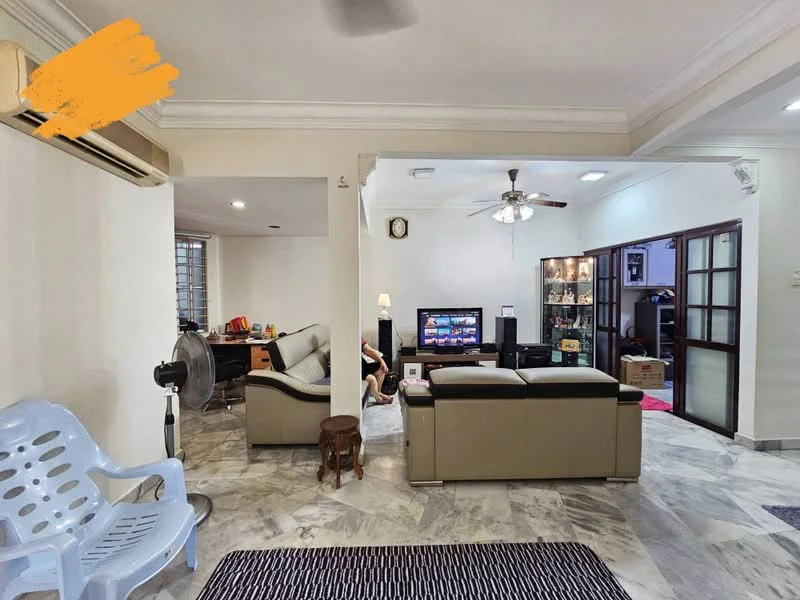 Living features: marble flooring, white painted walls, tray ceiling, 5-blade ceiling fan with light, wall-mounted TV, 2-seater leather sofa, coffee table, decorative rug, floor-to-ceiling windows, air conditioning unit, decorative wall clock; style: modern. Room features: wooden desk, computer monitor, office chair, bookshelf, fan.