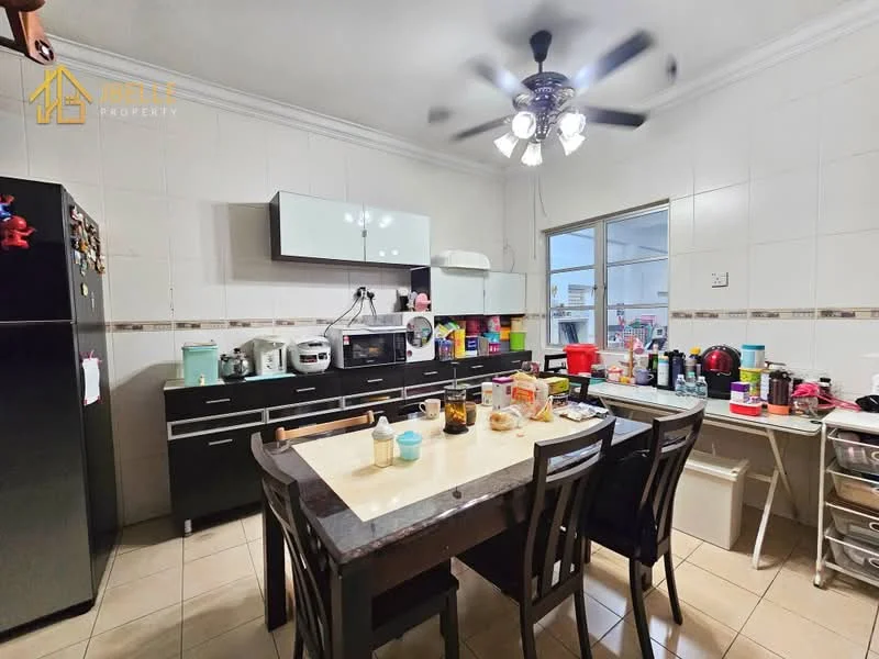 Kitchen features: black cabinetry with flat-panel doors, white countertop, stainless-steel sink, chrome pull-down faucet, built-in microwave, freestanding range oven, stainless-steel fridge, kitchen island with seating, ceiling fan with light, tile flooring, white tiled walls, various kitchen appliances, open shelving, dining table with chairs; style: modern.