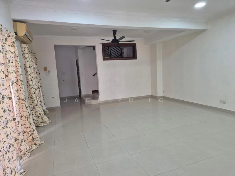 Living features: white painted walls, tile flooring, 5-blade ceiling fan with light, floor-to-ceiling windows with sheer curtains, recessed downlights, open layout, staircase visible in background, air conditioning unit on wall; style: modern.