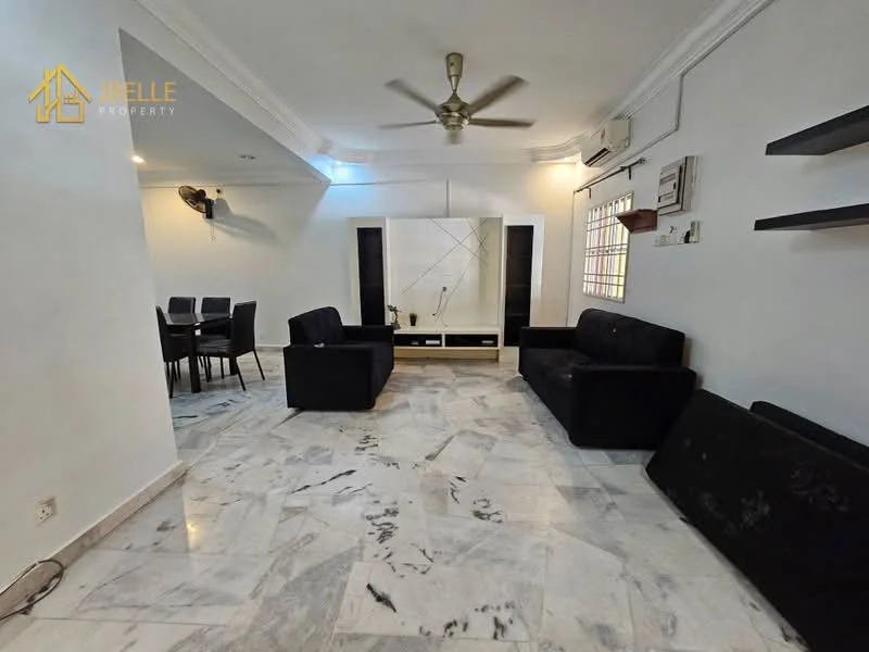 Living features: marble flooring, white painted walls, 5-blade ceiling fan with light, black fabric 3-seater sofa, black fabric 2-seater sofa, TV console with storage, wall-mounted shelves, window with grille, dining table with 4 chairs, air conditioning unit; style: modern.