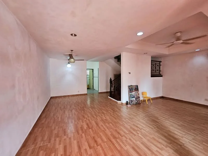 Living features: light wood laminate flooring, white painted walls, 5-blade ceiling fan with light, recessed downlights, open layout, large windows, staircase leading to upper floor, decorative wall art, yellow plastic chair; style: modern. Room features: white painted walls, light wood laminate flooring, open layout, staircase leading to upper floor.