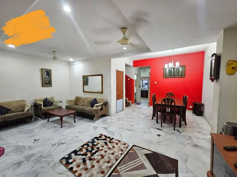 Living features: marble flooring, 5-blade ceiling fan, sofa set with cushions, wood coffee table, decorative area rug with geometric pattern, wall-mounted artwork, wall with cream paint, wall with red paint, light fixture with multiple bulbs; style: contemporary. Dining features: 6-seater dining table, wood dining chairs, chandelier light fixture, wall with cream paint, wall with red paint; style: contemporary.