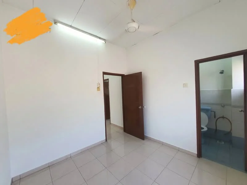 Room features: white painted walls, ceiling fan, tile flooring, wooden door, doorway leading to another room, window with natural light, light fixture on ceiling, bathroom visible through doorway.