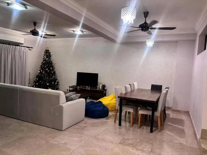 Living features: cream painted walls, tray ceiling, recessed downlights, 5-blade ceiling fan with light, 5-blade ceiling fan, large sectional sofa in light grey, wooden dining table with 6 chairs, bean bag chair in yellow, television on console, Christmas tree, tile flooring, curtains, decorative wall art; style: modern.