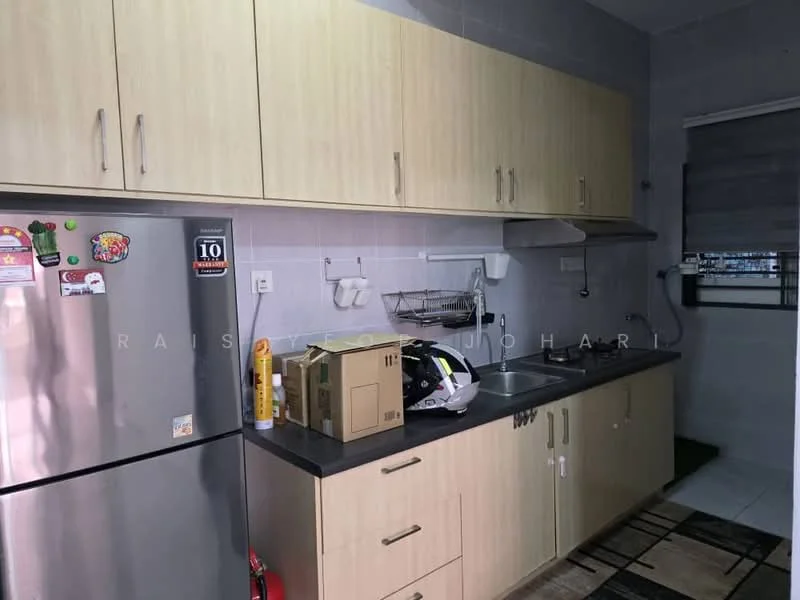 Kitchen features: stainless-steel fridge, wood cabinetry in light finish, double-bowl stainless-steel sink, chrome pull-down faucet, ceramic tile backsplash, countertop with laminate finish, wall-mounted storage rack, kitchen appliances visible, box on countertop, rug on floor; style: modern.