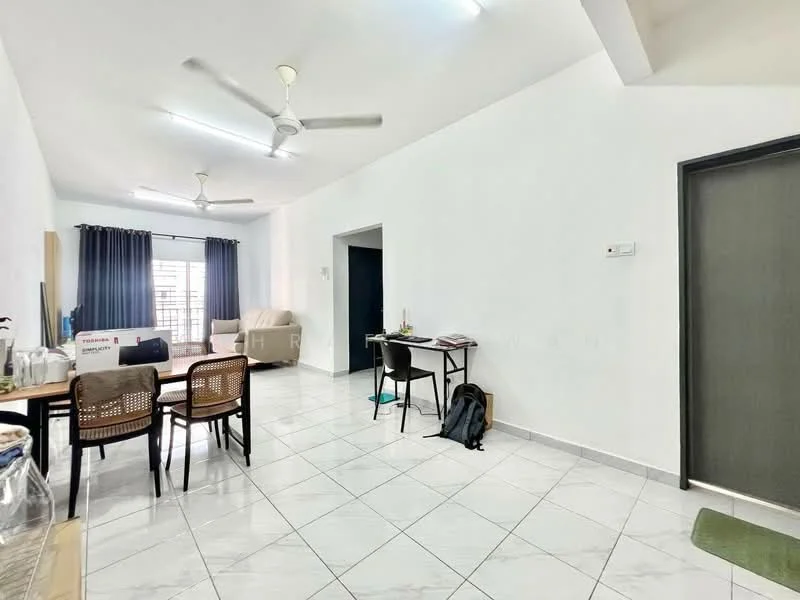 Living features: white painted walls, marble tile flooring, 5-blade ceiling fan, sofa in beige, dining table with chairs, window with sheer curtains, doorway leading to hallway, decorative wall clock; style: modern. Room features: white painted walls, marble tile flooring, 5-blade ceiling fan, doorway leading to hallway.