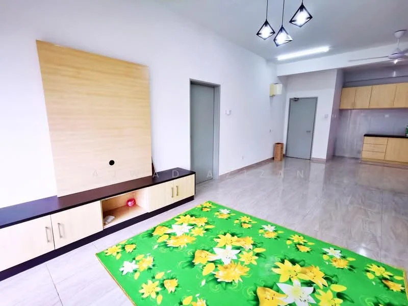 Living features: white painted walls, light grey tiled flooring, wooden TV console, green area rug with floral pattern, ceiling fan, recessed downlights, open layout to kitchen, doorway to kitchen, doorway to hallway; style: modern.