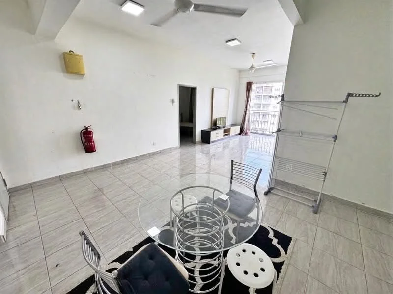Living features: white painted walls, glossy tile flooring, 5-blade ceiling fan, recessed LED downlights, glass dining table, transparent plastic chairs, black and white area rug, fire extinguisher on wall, open layout, large windows, natural light, clothes drying rack; style: modern.