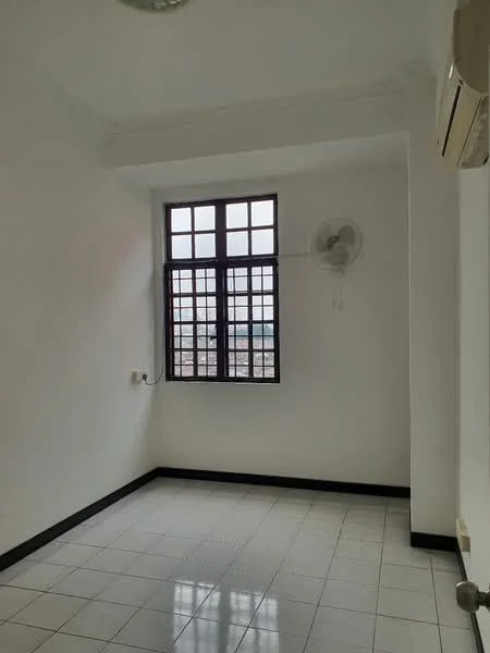 Room features: white painted walls, black skirting, white ceiling, window with grid pattern, floor-to-ceiling window, 1 wall-mounted split AC, ceiling light, tiled flooring; style: minimalist; view: city.