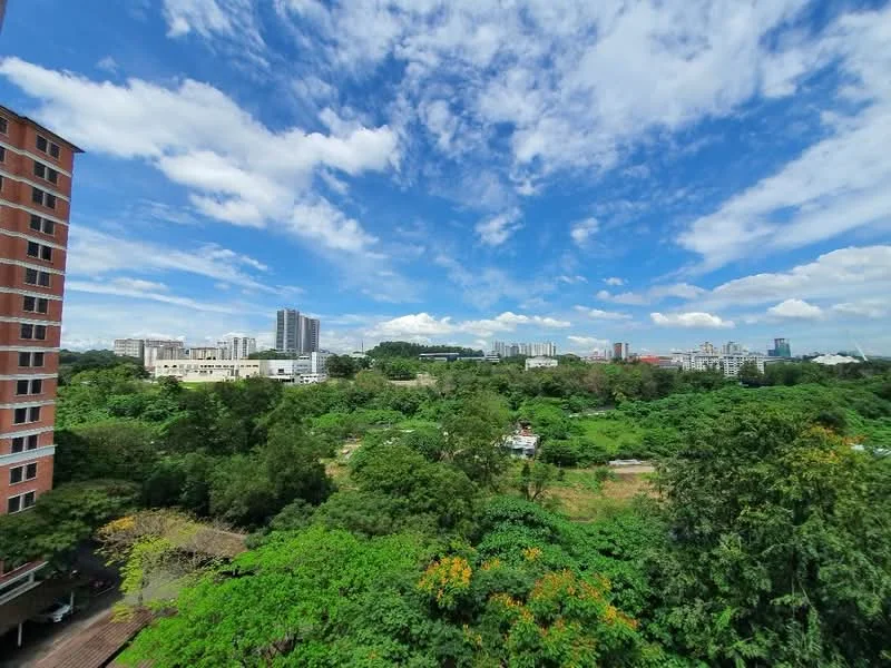 Exterior features: lush greenery, city skyline in background, blue sky with clouds, urban landscape, surrounded by trees, open view, mixed-use buildings, residential buildings; style: modern.