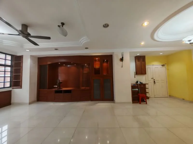 Living features: white painted walls, cream ceiling with crown moulding, marble tile flooring, 5-blade ceiling fan, built-in wooden entertainment unit, large windows with wooden frames, recessed lighting, open layout to kitchen area; style: modern. Kitchen features: wood cabinetry, countertop, door leading to utility area; style: modern.