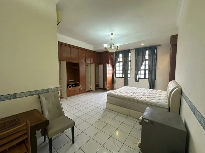 Bedroom features: queen-size bed, upholstered headboard, wooden wardrobe, built-in cabinets, white walls, tile flooring, ceiling light fixture, window with curtains, study desk, chair.