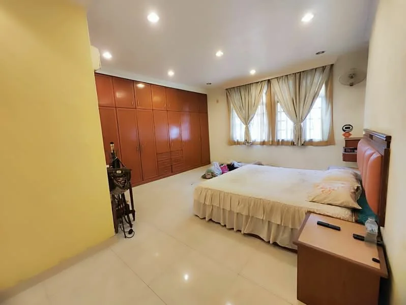 Bedroom features: queen-size bed with upholstered headboard, built-in wardrobe with wooden finish, white painted walls, cream tiled flooring, two windows with sheer curtains, ceiling lights, air conditioning unit, nightstand with drawer, decorative items on nightstand; style: modern.