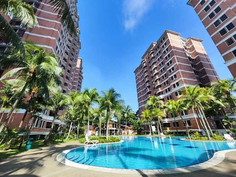 Exterior type: high-rise condominium; features: swimming pool, landscaped garden with palm trees, surrounding high-rise buildings, pool deck with loungers, manicured lawn, clear blue sky; style: modern.