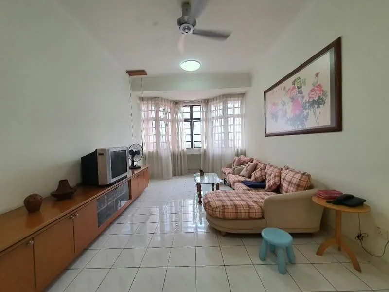 Living features: 3-seater fabric sofa in beige with plaid pattern, coffee table with glass top, TV console with wooden finish, wall-mounted TV, ceiling fan, large windows with sheer curtains, white painted walls, glossy ceramic tile flooring, decorative wall art with floral design, corner side table, blue children's stool; style: contemporary.