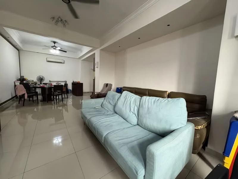 Living features: light blue fabric sofa, brown leather sofa, white painted walls, ceiling with crown moulding, recessed downlights, tile flooring, wall-mounted split AC, dining table with chairs in background, ceiling fan; style: modern.