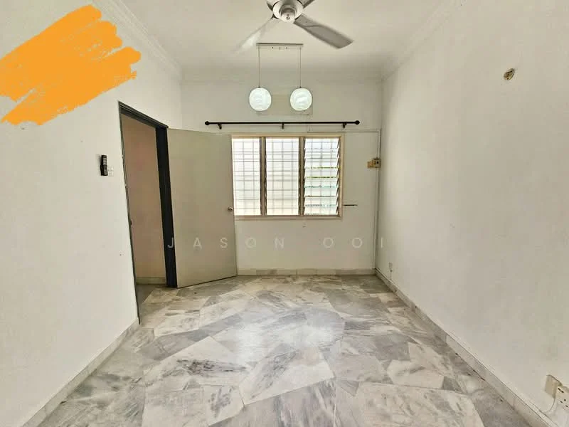 Room features: white painted walls, marble flooring, ceiling fan, window with grid pattern, door with handle, two pendant lights, light switch, corner wall with no visible features.