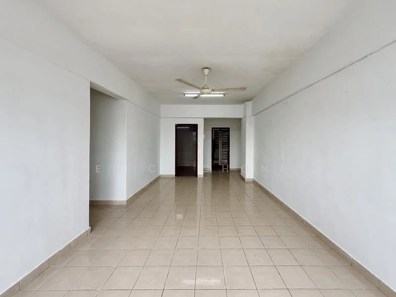 Room features: white painted walls, cream tiled flooring, ceiling fan, open layout, natural light, no visible furniture, plain ceiling, no visible decor; style: minimalist.