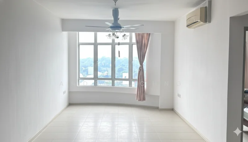 Living features: white painted walls, tile flooring, 5-blade ceiling fan with light, chandelier, floor-to-ceiling windows, curtains in light fabric, air conditioning unit, corner window with city view; style: modern; view: city.