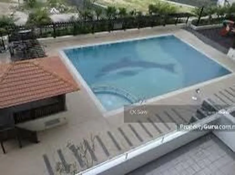 Exterior type: swimming pool deck; features: infinity pool, pool deck with loungers, surrounding landscaping, tiled pool area, steps leading into the pool, decorative dolphin design at the bottom of the pool, covered gazebo, paved walkway, fenced perimeter, greenery in background; style: modern.