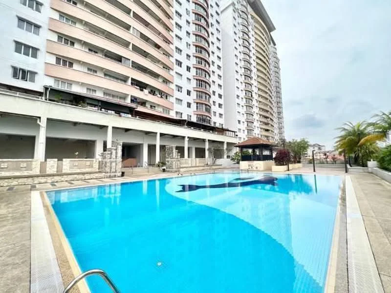Exterior type: high-rise condominium; features: infinity pool, pool deck with loungers, surrounding landscaping with palm trees, covered gazebo, concrete walkway, multiple-storey building facade, balconies on upper floors, glass railing around pool area; style: modern.