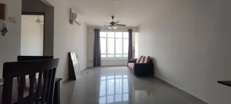 Living features: 3-seater fabric sofa in beige, marble flooring, 5-blade ceiling fan with light, floor-to-ceiling windows, grey curtains, wall-mounted split AC, decorative wall, open space layout; style: modern; view: city.