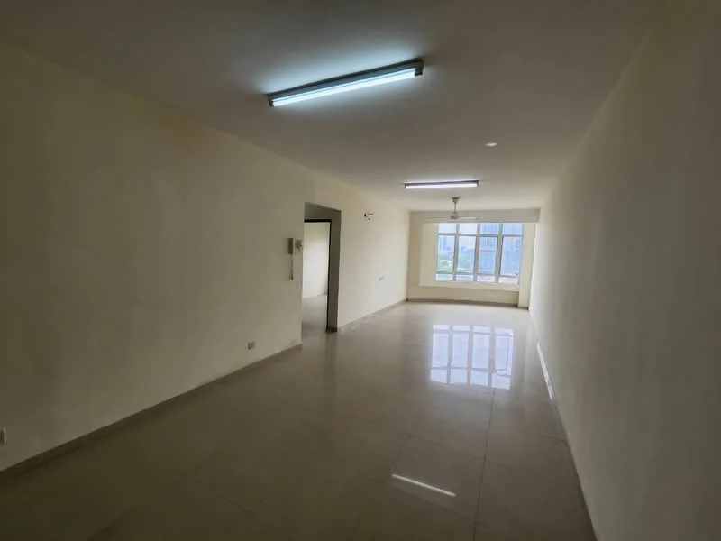 Room features: cream painted walls, glossy marble tile flooring, 2 fluorescent ceiling lights, large windows with city view, neutral color scheme, open layout, no visible furniture, smooth ceiling; style: modern; view: city.