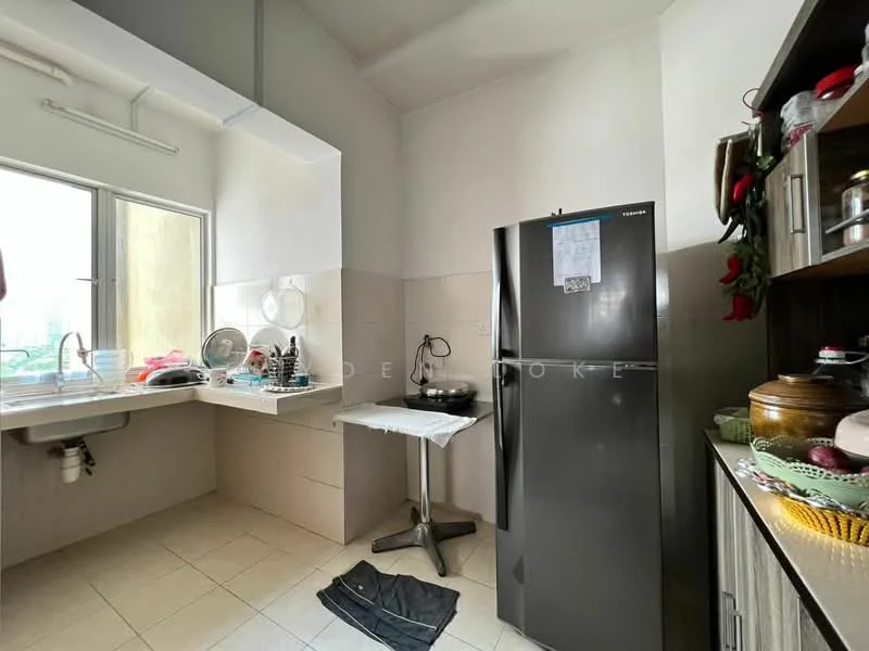 Kitchen features: single-bowl stainless-steel sink, chrome pull-down faucet, grey cabinetry, black fridge, white countertop, tile flooring, window with natural light, kitchen island with stand, dish rack, various kitchen utensils, decorative items on shelves; style: modern.