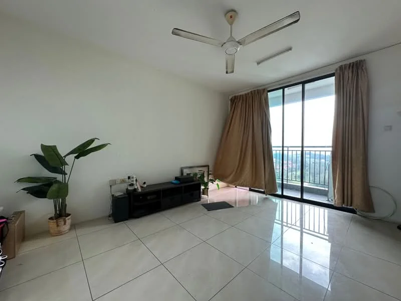 Living features: white painted walls, glossy ceramic tile flooring, 5-blade ceiling fan, floor-to-ceiling sliding glass door, curtains, potted plant, TV console, balcony view; style: modern; view: city.