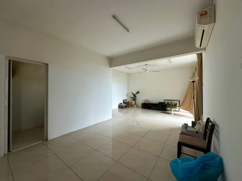 Living features: white painted walls, glossy tile flooring, 5-blade ceiling fan, wall-mounted split AC, large window with curtain, floor lamp, black TV console, decorative plant, chair, blue plastic bag. Room features: white painted walls, glossy tile flooring, doorway leading to another room.