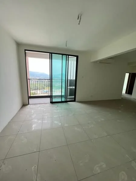 Room features: white painted walls, tile flooring, floor-to-ceiling sliding glass door, balcony access, mountain view, ceiling light fixture, air conditioning unit, open layout; style: modern; view: mountain.
