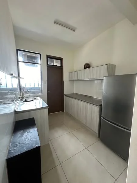 Kitchen features: single-bowl stainless-steel sink, chrome pull-down faucet, grey laminate countertop, white cabinetry with flat-panel design, built-in kitchen cabinets, black base cabinet, stainless-steel fridge, ceramic tile flooring, window with grid design, overhead lighting, neutral painted walls; style: modern.