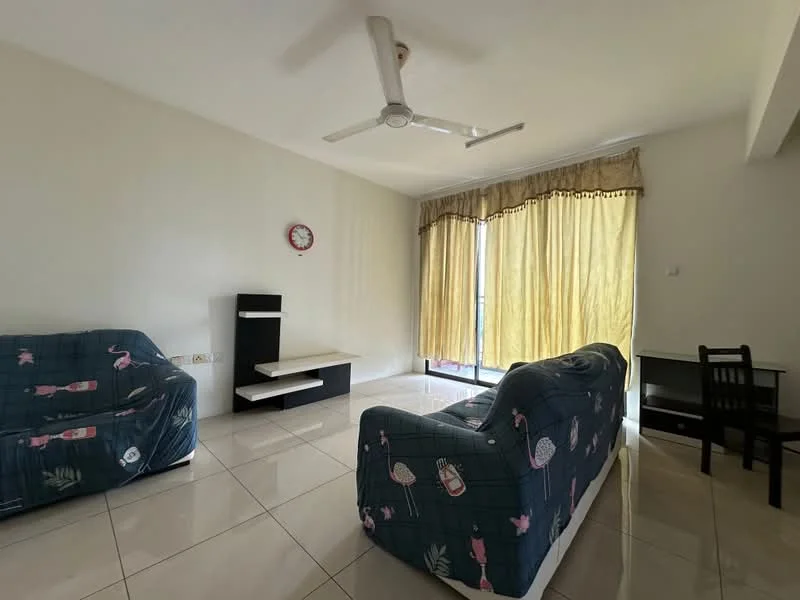 Living features: 2 fabric sofas with floral pattern, ceiling fan, wall clock, large windows with yellow curtains, glossy tile flooring, TV console, small black table, neutral painted walls; style: modern.