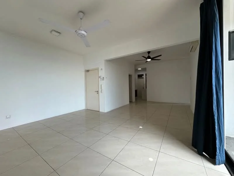 Living features: white painted walls, tile flooring, 5-blade ceiling fan, recessed downlights, large window with view, curtains, open layout, neutral color scheme; style: modern. Room features: white painted walls, tile flooring, 5-blade ceiling fan, recessed downlights, open layout, neutral color scheme.
