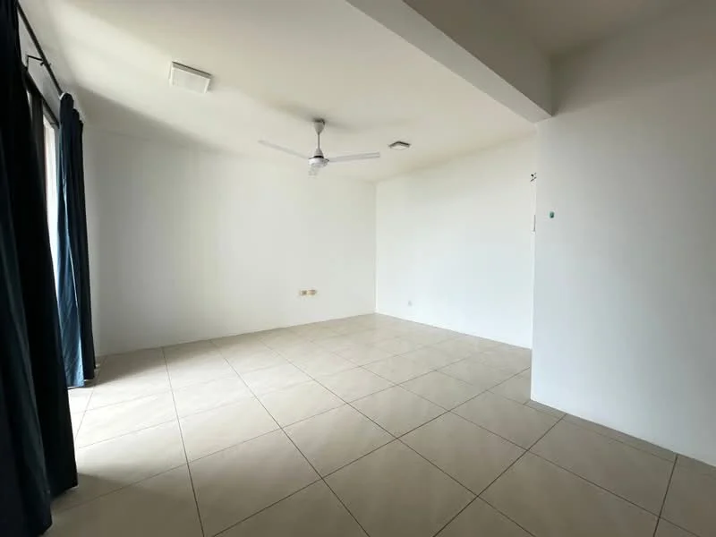 Living features: white painted walls, tile flooring, 5-blade ceiling fan, floor-to-ceiling windows, dark blue curtains, no visible furniture, neutral color scheme, natural light from windows; style: minimalist.
